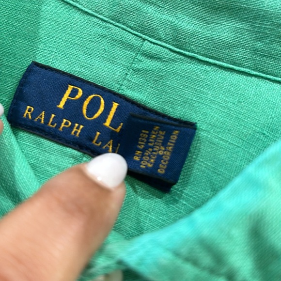 Men’s green linen Polo by Ralph Lauren button down shirt. - Picture 3 of 4
